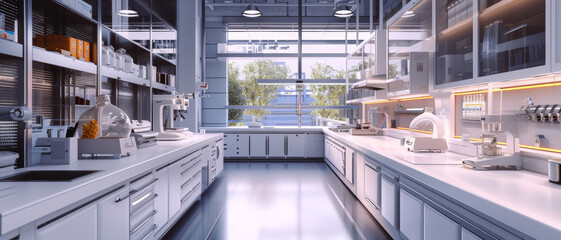 Sleek, modern laboratory interior with state-of-the-art equipment and a view of greenery outside