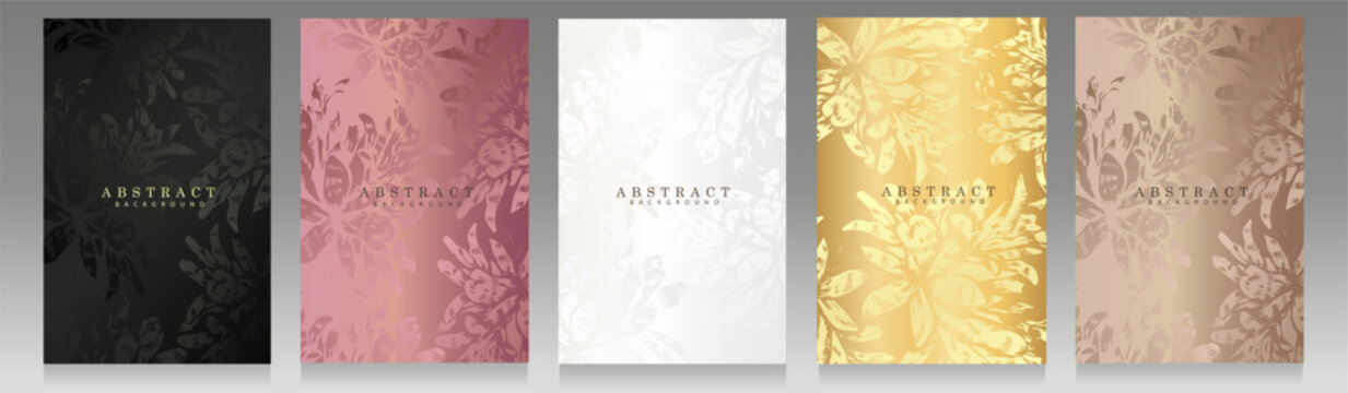 Floral luxury cover collection. Printed art design, botanical pattern, bouquet, flower and petals. Vector background for elegant brochure, invitation, wedding card, beauty, packaging.