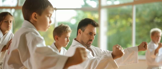 Poster Focused martial arts instructor leading a karate class for children, demonstrating technique © Ai Studio