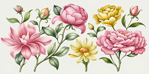 a close up of a bunch of flowers on a white background and a yellow border around it and a pink and yellow flower on the bottom - Powered by Adobe