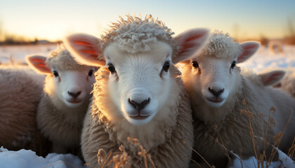 Obraz premium Cute lamb grazing in snowy meadow, innocence in nature generated by AI