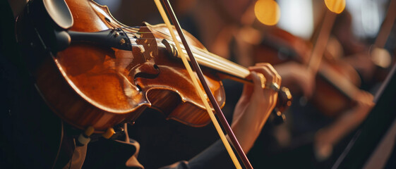 Close-up on the violin section of an orchestra, capturing the elegance of a classical music...