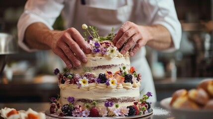 A pastry chef arranging edible flowers on a stunning wedding cake