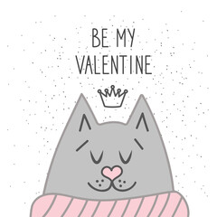 Valentines card with cat and inscription - Be My Valentine..Decor elements, print for card, poster, t-shirt, other clothes and more. - 724203600