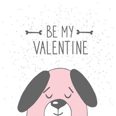 Valentines card with pink dog and inscription - Be My Valentine. Decor elements, print for card, poster, t-shirt, other clothes and more. - 724203607