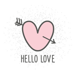 Valentines card with heart and inscription - Hello love. Decor elements, print for card, poster, t-shirt, other clothes and more. - 724203621