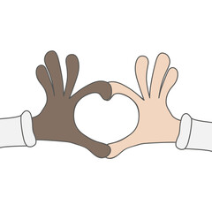 Cartoon hands of an African and european making a heart shape gesture on white background. - 724203635