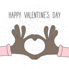 Valentine day greeting card design. Cartoon hands of an African making a heart shape gesture on white studio background. - 724203659