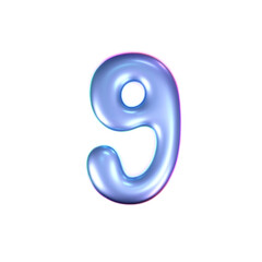 3d holographic liquid number 9 in y2k style isolated on a white background. Render of 3d neon inflated iridescent numbers with rainbow effect. 3d vector y2k hologram.