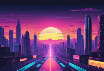 Retro futuristic landscape with city and sunset. 80s synthwave style. Neon night city. Generative AI