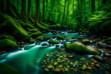 A captivating spring forest landscape, featuring a meandering stream with crystal-clear water flowing over and between smooth river rocks, under a canopy of vibrant green