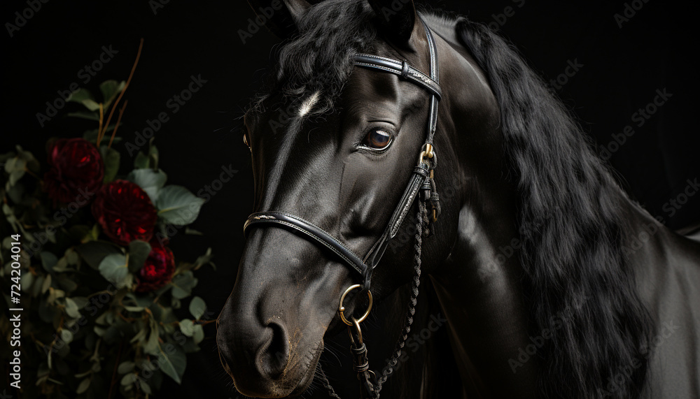 Poster beautiful black stallion with elegant mane in nature beauty generated by ai