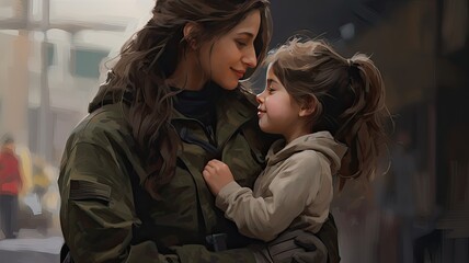 a mother in army uniform and her daughter on the street, showcasing the strength, love, and sacrifice within military families, highlighting the dual roles of protector and parent.