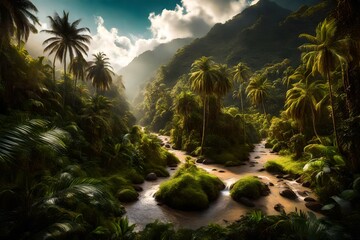 A lush, tropical valley with dense vegetation and towering palm trees, a narrow stream running...