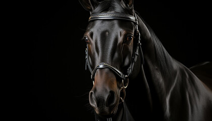 Beautiful black stallion with elegant mane in nature beauty generated by AI - obrazy, fototapety, plakaty