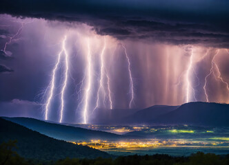 A majestic natural scene of lightning striking near a city
