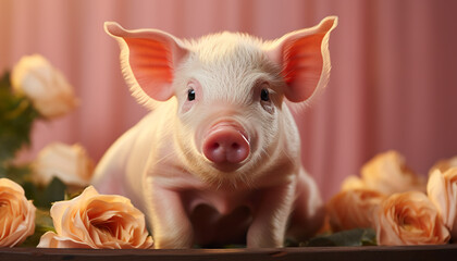 Cute piglet looking at camera, surrounded by pink flowers generated by AI