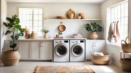 Boho style laundry room renovation with a colorful geometric kilim rug
