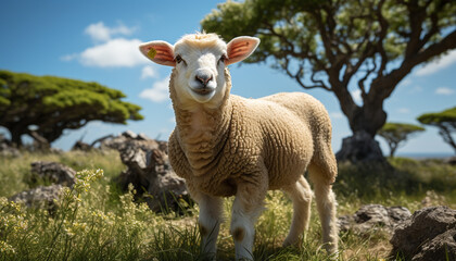 Obraz premium Cute lamb grazing in green meadow, surrounded by nature generated by AI