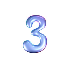 3d holographic liquid number 3 in y2k style isolated on a white background. Render of 3d neon inflated iridescent numbers with rainbow effect. 3d vector y2k hologram.