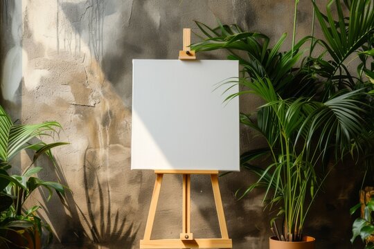 White canvas mockup on wooden easel in grey wall room with green plants, closeup