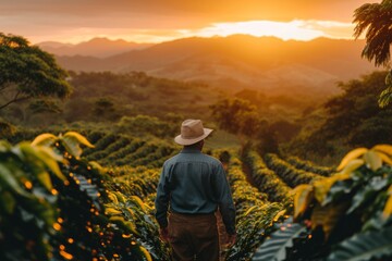 Fototapeta premium A Gentleman Wearing a Hat Taking a Walk Through a Coffee Field During Sunrise
