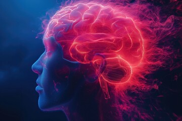 Human brain activity displayed by a bright scarlet and burgundy glow in a schematic human head on a blue background - obrazy, fototapety, plakaty