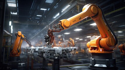 Fototapeta premium working robots seamlessly integrated into communication networks, illustrating the synergy between advanced robotics and interconnected systems in modern industries.