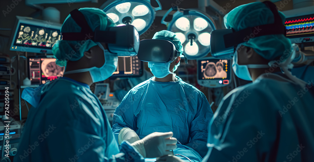 Poster doctors in specialized operating room operating using virtual reality glasses