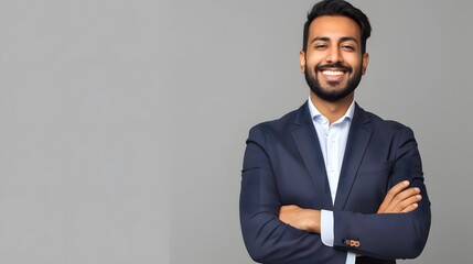 A confident entrepreneur asian Indian business man with arms crossed stands in front of a grey background with copy space