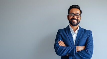 A confident entrepreneur asian Indian business man with arms crossed stands in front of a grey background with copy space - Powered by Adobe