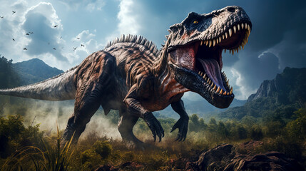 Fototapeta na wymiar Majestic Prehistoric Tyrannosaurus Rex Roaring in the Wild created with Generative AI technology