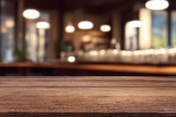 Table or surface on the background of a bar or cafe with light bulbs