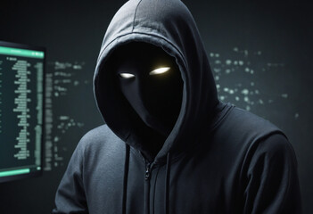 Unrecognizable computer hacker with hoodie and obscured face. Abstract technology, cyber security, cyber attack, personal data safety, internet fraud, data thief, darknet concept background