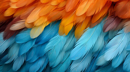 Obraz premium Gradient of Blue to Orange Bird Feathers in Close-up created with Generative AI technology