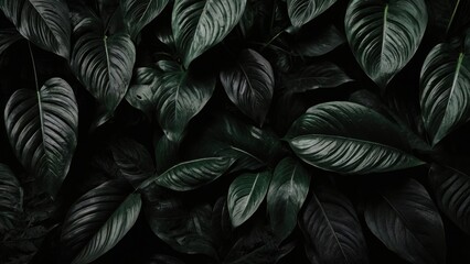 Textures of abstract black leaves for tropical leaf background. Flat lay, dark nature concept, tropical leaf.  generative, ai.