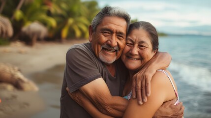 Senior Hispanic couple sitting and hugging beside the sea