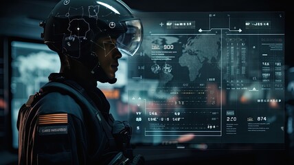 a tablet computer displaying AI control interfaces, augmented reality overlays, and online coordination tools, showcasing the integration of artificial intelligence in directing military forces. - obrazy, fototapety, plakaty