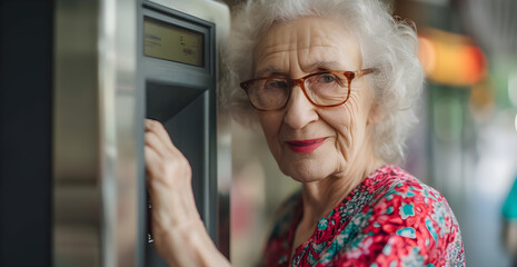 Elderly lady withdrawing money from a teller with a view of the camera - obrazy, fototapety, plakaty