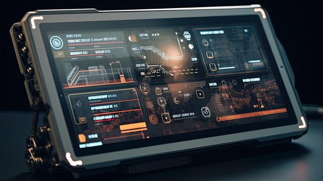 a tablet computer displaying AI control interfaces, augmented reality overlays, and online coordination tools, showcasing the integration of artificial intelligence in directing military forces.