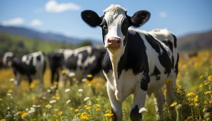 Fotobehang Cows grazing in green meadow, enjoying the summer sun generated by AI © Jeronimo Ramos