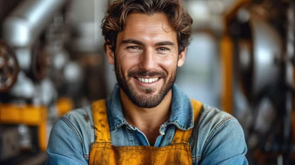 Fotobehang worker and professional builder with tools smiling and look at the camera © Vasiliy
