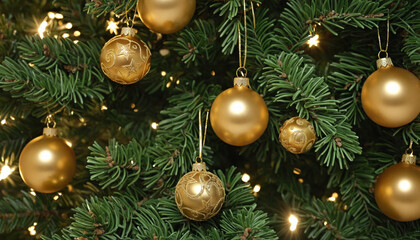Christmas tree background with golden balls close up
