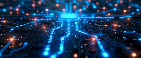 Fototapeta na wymiar Advanced Circuit Board with Glowing Blue Lights created with Generative AI technology