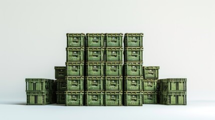 an army ammunition stack composed of green crates, meticulously arranged and isolated against a clean white background, portraying the precision and readiness of military logistics.