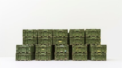 an army ammunition stack composed of green crates, meticulously arranged and isolated against a clean white background, portraying the precision and readiness of military logistics.