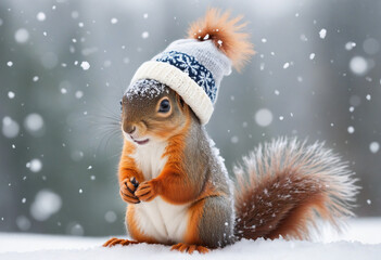 cute squirrel in a knitted hat on a snowy morning, new year postcard with copy space