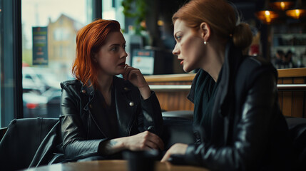 Vibrant Encounter, Two Young Women Engrossed in Conversation at a Cozy Bar Table - obrazy, fototapety, plakaty