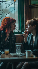Vibrant Encounter, Two Young Women Engrossed in Conversation at a Cozy Bar Table - obrazy, fototapety, plakaty