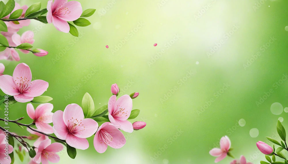 Poster spring-themed background. green season with nature accent. blossoming background with pink flowers a
